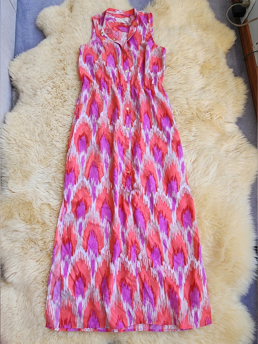 Michael Kors Coral, Pink & White Ikat Blouse with Gold Buttons